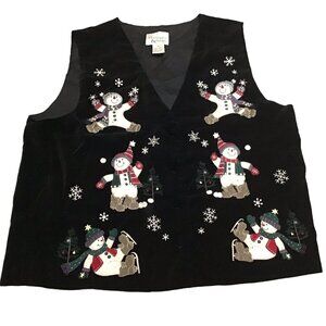 Christopher & Banks Womens Size M Black Velvety Christmas Vest Snowmen Skating